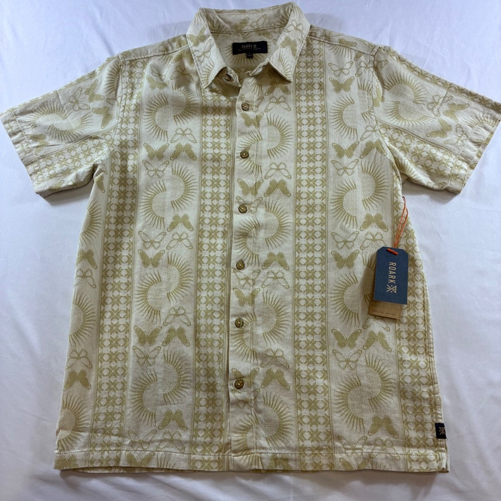 Roark Gonzo SS Woven Shirt Mens Small Sand Organic Cotton Butterfly Sun NWT